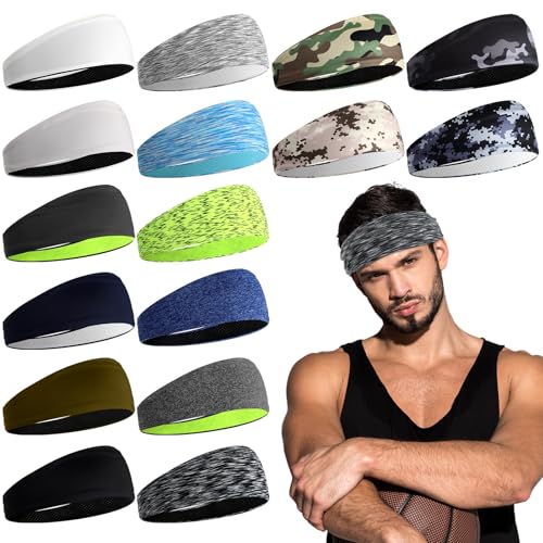 Image of Foaincore 16 Pcs Sports Headbands for Men Breathable Mesh Workout Sweatbands Elastic Moisture Wicking Stretchy Wide Hair Bands for Women Sports Running Basketball Yoga