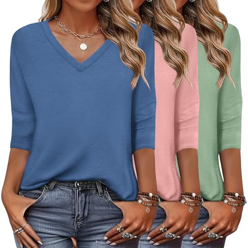 Zeagoo Women's T Shirts 3 Pack 3/4 Sleeve V Neck Basics Tees Casual Loose Fit Soft Fall Tops Outfits 2025 S-XXXL