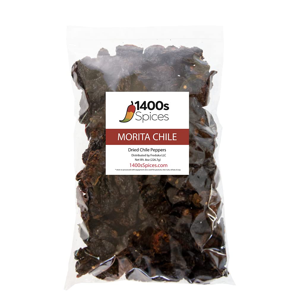 8oz Morita Chipotle Dried Whole Chile Peppers, Chili Seco Pods for Authentic Mexican Food, Heat-Sealed Resealable Bag by 1400s Spices