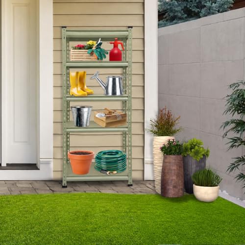 Image of BonKaso Adjustable 5-Shelf Metal Storage Rack | Heavy-Duty Steel Boltless Rivet Utility Shelving Unit for Garage, Kitchen & Office | 54 Inches Height (54 x 24 x 12 in) - Olive Green