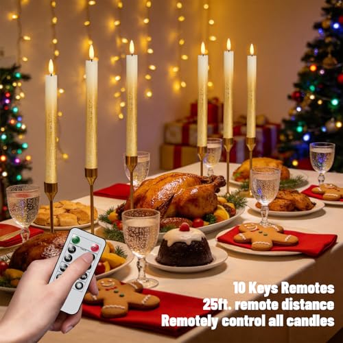 Image of Gold Flameless Taper Candles Battery Operated with Remote Timer Set of 6 Flickering LED Taper Candles Real Wax 3D Wick Real Wax Dinner Wedding Holiday Decor(0.78 inch D x 9.64 inch H)