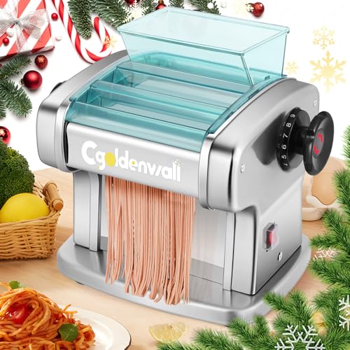CGOLDENWALL Máquina de Pasta Eléctrica Fresca, Motor de 135W con 2 Cuchillas (2.5 mm/4 mm) y 9 Grosores Ajustables de 0.5-5 mm, Protectora de ABS, Acero Inoxidable para Hacer Espaguetis