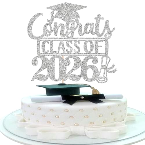 Rsstarxi 1 Pack 2026 Graduation Cake Topper Glitter Congrats Class of 2026 Cap Diploma Cake Pick for Congrats 2026 Graduation Theme Party Cake Decorations Supplies Silver