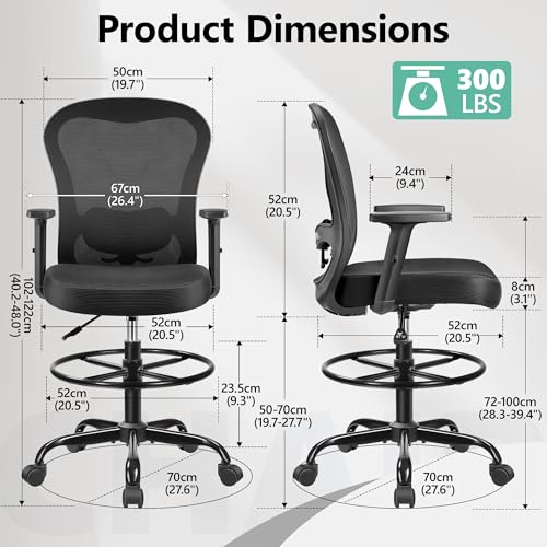 Primy PR959-Z Drafting Chair Ergonomic Tall Office Chair, High Back Breathable Mesh Desk Chair With Adjustable Footrest Ring Lumbar Support 2D Armrests, Executive Swivel Comfy Task Chair thumb #2