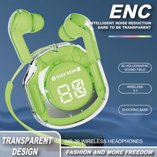Clear Beat Cuffie Auricolari Wireless Bluetooth 5.3, Design Trasparente, Suono Cristallino, Impermeabili IPX4, Custodia con Ricarica Smartphone, Microfono Integrato, Autonomia 2-3 Ore, USB-C (Verde)