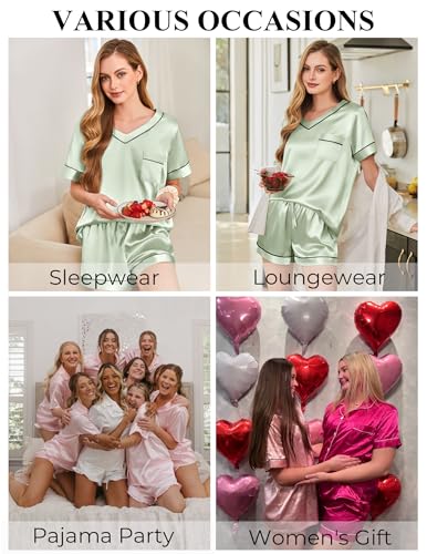 Image of Silk Pajamas for Women Short Sleeve Satin 2 Piece Pj Set Soft V Neck Sleepwear Loungewear, S-XXL