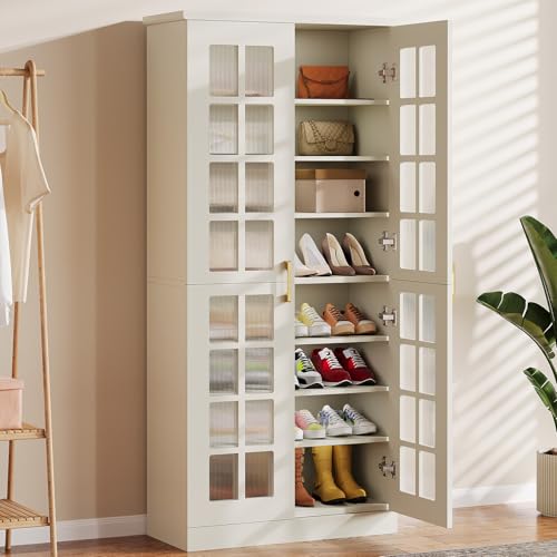 Tribesigns 71-Inch Tall Shoe Cabinet with Doors, 8-Tier Shoe Storage with Adjustable Shelves, Modern Shoe Organizer Shoe Rack Cabinet for Entryway, Hallway, Closet, Living Room, White and Gold