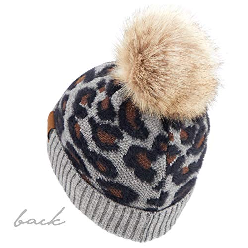 Image of C.C Exclusives Soft Beanie hat with Leopard Pattern and Fur Pom(HAT-7001)(SF-7001)