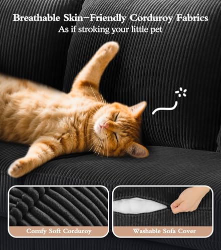 Image of 87 inch L shape Corduroy Couch, Sofa No Tool Assembly, Comfy Couches for Living Room 21in Deeper Seats, Corduroy Sofas for Living Room with 2 Pillows, Oversized Loveseat Sofa, Boho Love Seat, Black