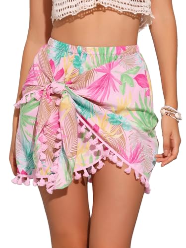 Allegra K Boho Floral Skirts for Women's Tie Side Knot Tassel Slit Beach Mini Skirt