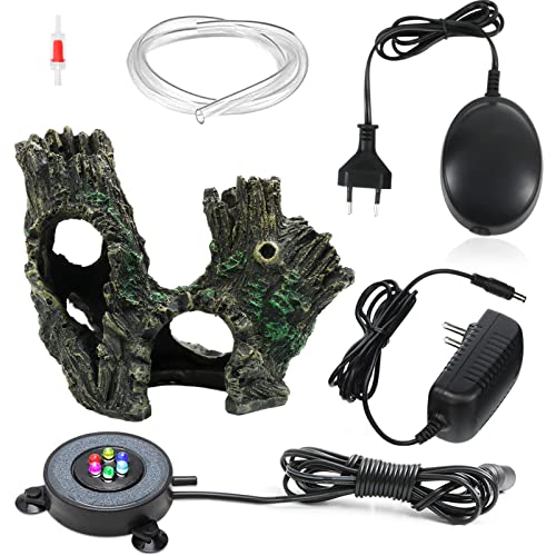 Luces de Burbujas de Piedra de Aire, Luces de Acuario LED de Colores, Adorno de Agujero de Árbol para Acuario, con Bomba de Aire, Válvulas de Retención, Tubo de Aire, Adaptador de Corriente Cover