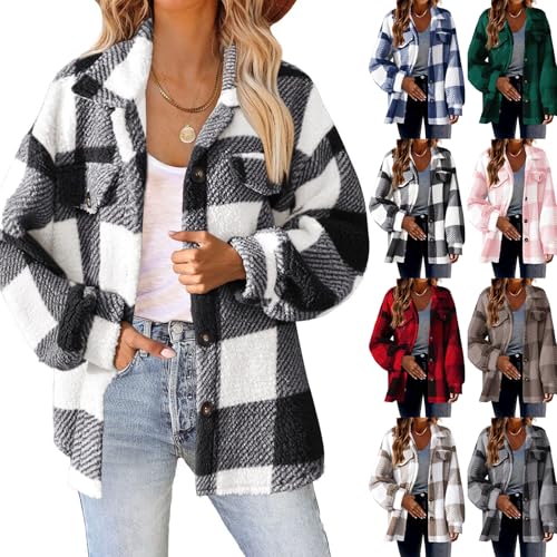 midelxp Fuzzy Sherpa Jacket Women Plaid Button Down Fuzzy Shirt Jackets Comfy Fluffy Fuzzy Sweater Outerwear Winter Coats