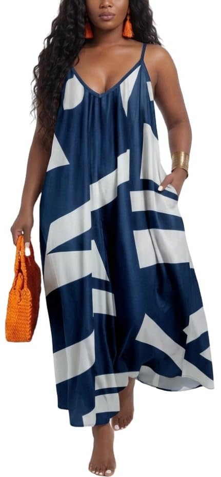Image of Women's Casual Summer Maxi Dresses Sleeveless Adjustable Spaghetti Strap Loose Plus Size Dresses