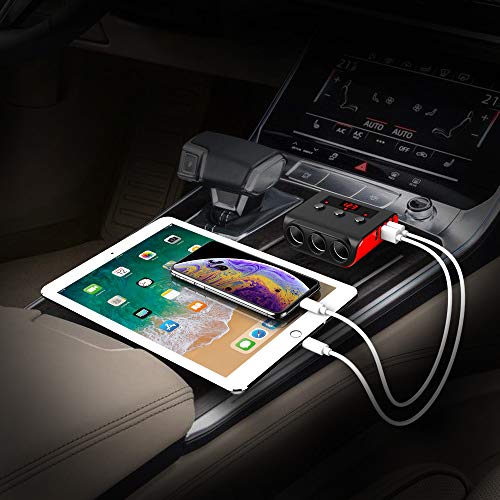 Auto Ladegerät Adapter, SONRU 3 Fach KFZ Zigarettenanzünder Verteiler mit 4 USB Ports, 120W 12V/24V DC Mehrfach Steckdose Splitter mit LED Voltmeter Getrennte Schalter für GPS/Dash Cam/Telefon