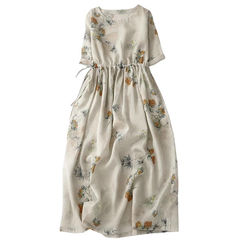 Robe rétro littéraire midi à motif imprimé coupe ample décontractée encolure ronde
