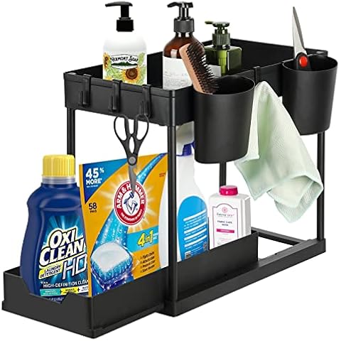 Perome Under Sink Storage Shelf, 2-Tier Slide Out Under Sink Cabinets Organiser, Slim Pull-Out Kitchen Storage Drawer, Sliding Bathroom Cabinet Basket (Black) Cover