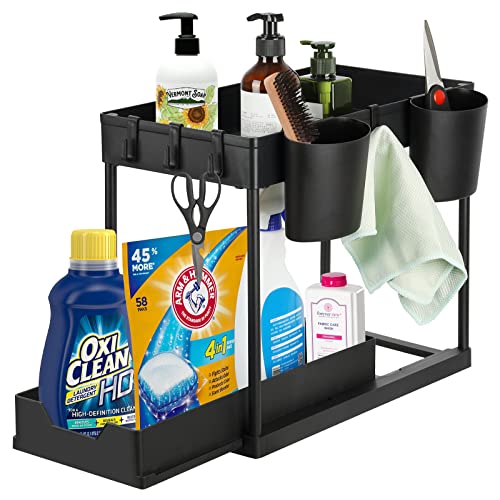 Hossejoy 2 Ebenen Spülschrankregal, Unter Waschbecken Regal Herausziehbarer Schrank, 2-stöckiger Schubladen-Organizer, Unter Schrank-Organizer-Korb mit Haken, Hängetasse für Küche, Badezimmer Cover