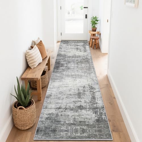 SOANNY Runner Rug, 80x240 cm Abstract Low Pile Carpet, Non-Slip Washable Area Mat for Bedroom, Hallway, Kitchen, Laundry, Entryway, Utility, Beside Sofa, Office, Ash Grey