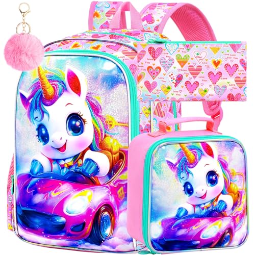 Image of 3Pcs Unicorn Backpack for Girls, 16 inch School Backpacks Set for Elementary Preschool Kindergarten, Kids Car Bookbag with Lunch Box(Pink)