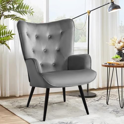 Ckaff Ohrensessel Sessel Wohnzimmer, Skandinavischer Stil Relaxsessel aus Samt mit Hoher Rückenlehne Loungesessel Polstersessel fürs Wohnzimmer Schlafzimmer Arbeitszimmer Gästezimmer, Grau