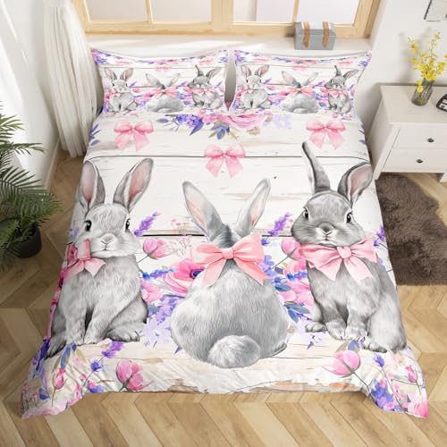 Grey Rabbits Duvet Cover Twin Size for Kids Teens,Rustic Farmhouse Wooden Stripes 2 Pieces Duvet Cover,Watercolor Purple Flowers Soft Comforter Cover (Not Comforter),Happy Easter Quilt Cover