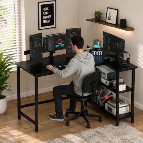 Image of L Shaped Reversible Desk| Gaming Table, Computer Corner Desk, Home Office Writing Desk with Shelf, Space-Saving Workstation Table | Black | 30x50x75 cm