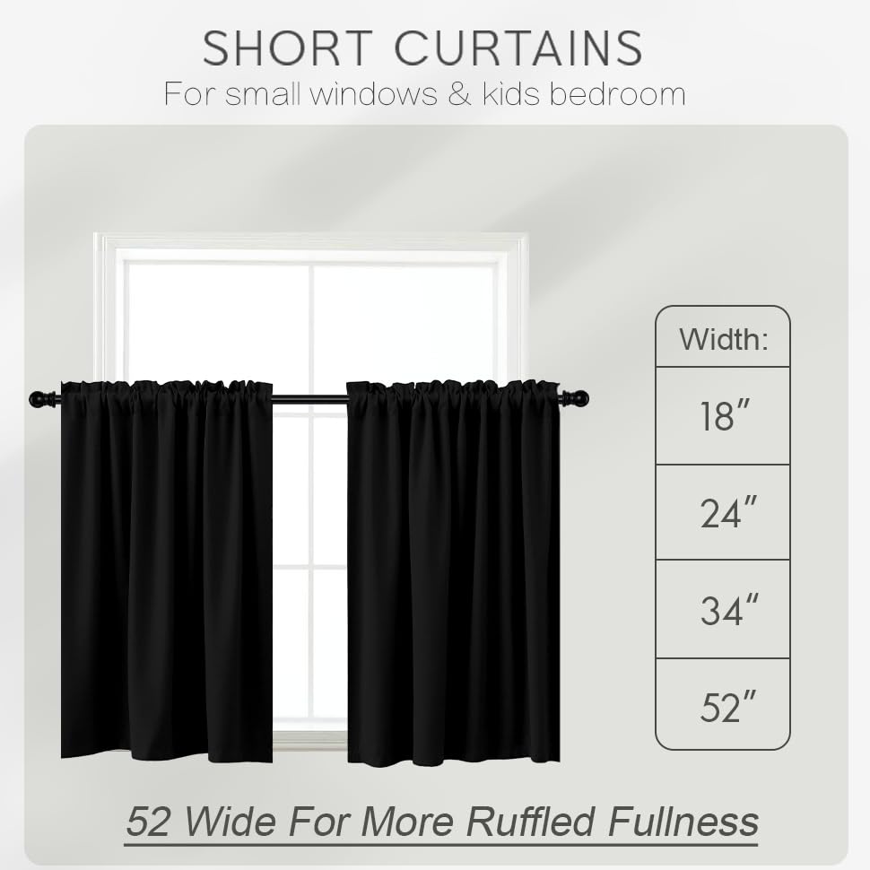 Image of KOUFALL Black Short Curtains for Bedroom 2 Panels Set Blackout Curtains for Small Windows Boys Room Width 18x24 Inch Length