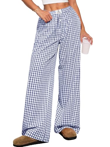 ANRABESS Womens Striped Gingham Pants 2025 Pajama Lounge Boxer Pants Cute Comfy PJ Bottoms with Pockets Fall Y2K Outfits Blue White Plaid Medium