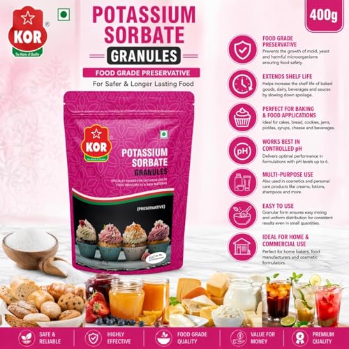 Image of KOR Premium Potassium Sorbate Granules - 400g (Pack of 1) | Food Preservative for Home Canning, Baking & Beverage Production