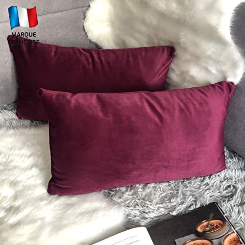 Douceur De Plumes Lot de 2 Housse de Coussin Prune Bordeaux Velours 30x50 cm Uni, Taie d'oreiller Rectangulaire Doux et Moderne pour Salon Scandinave Pourpre, Violet Canapé (2 Prune)