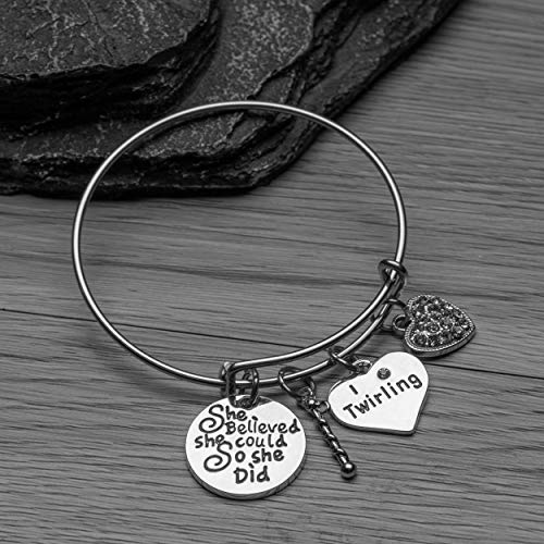 Sportybella Baton Twirling Charm Bangle Bracelet- Twirling Jewelry - She Believed She Could Twirl- Majorette Bracelet- Gift For Baton Twirler2