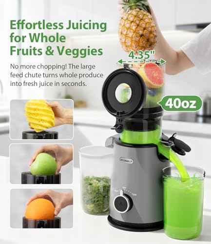 Cold Press Juicer, ECOSELF Juicer Machines with Large Feed Chute Fit Whole Fruits & Vegetables, Self Feeding for Juice Extractor Machine, Easy to Clean and Assemble, High Juice Yield