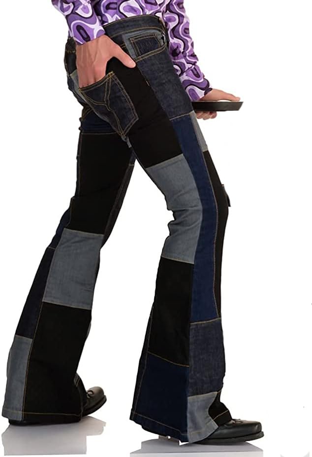 Men's Jeans Patch Flared Trousers 70s Outfits Bell Bottom Disco Denim Pants,Vintage Patch,Used Look3