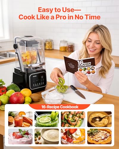 Image of VEVOR Blender, 68 oz Professional Countertop Blenders with Shield, 2200W 26000RPM Kitchen Food Processor Combo, Self-Cleaning, Speed Adjustable, 6 Preset Menu for Smoothies, Ice Crushing, Puree, Black