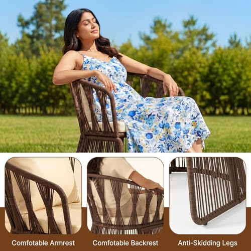 Image of DEVOKO Outdoor Rope 3-Piece Patio Furniture Set with Cushions & Glass Top Table, All-Weather Balcony Chairs Set for Garden & Lawn (Brown & Cream)