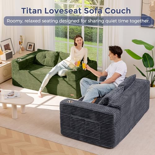 Image of MAXYOYO 63 inch Boneless Loveseat Sofa Couch for Small Spaces, Mini Love Seat Floor Couch with Cup Holders and Pillows, 2-Seater Upholstered Cloud Couch for Bedroom Apartment, No Assembly Required