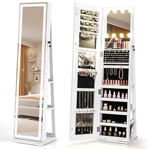 COSTWAY 360° drehbar Schmuckschrank mit LED Ganzkörperspiegel, Spiegelschrank abschließbar mit Make-up-Spiegel, Schmuck-Organizer freistehend für Ketten, Ohrringe, Schminke (Weiß)