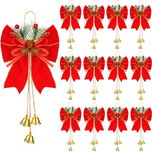 Yuxung 12 Pcs Christmas Bows with Pine Cones, Wreath Ornaments, Bell Tree Toppers for Xmas Party Decoration, Kitchen Cabinet (Red)