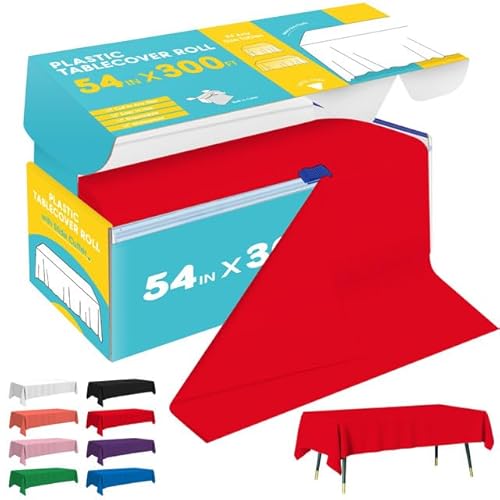 Niuara Red Plastic Table Cover Roll - 54IN x 300FT, Table Cloth for Rectangle Table with Slide Cutter, Plastic Table Cloth Disposable with Cut-to-Size Design for Weddings, Banquets, Parties