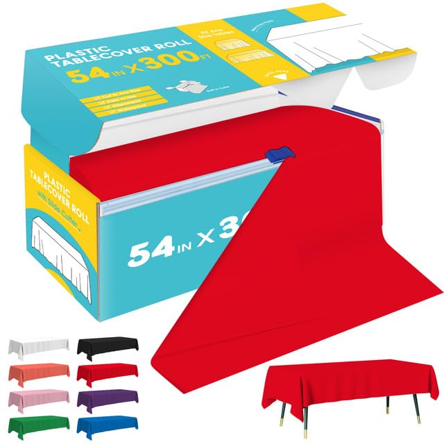 Image of Niuara Red Plastic Table Cover Roll - 54IN x 300FT, Table Cloth for Rectangle Table with Slide Cutter, Plastic Table Cloth Disposable with Cut-to-Size Design for Weddings, Banquets, Parties