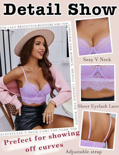 Image of Avidlove Lace Bralettes for Women Y2k Strap Bustier Cami Top V Neck Camisole Lingerie