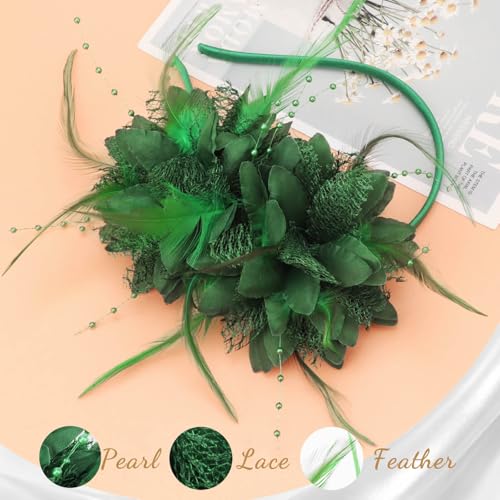Image of DRESHOW Womens Fascinators Hats Tea Party Hats for Women Pearl Lace Feather Hat Vintage Derby Hats for Wedding Cocktail