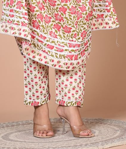 Image of Queens World Women's Anarkali Pure Cotton Floral Printed Kurta Pant Set With Dupatta (M To 2XL- Size)