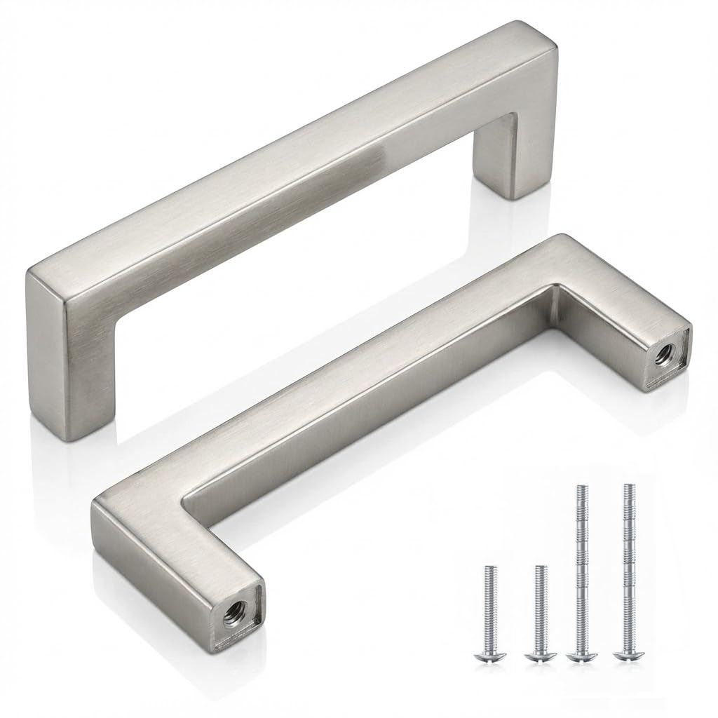 Brushed Nickel Cabinet Handles 3 Inch Hole Center Square Drawer Pulls Kitchen Handles 2 Pack