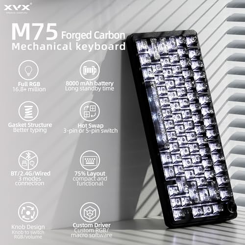 HITIME XVX M75 75% Wireless Gaming Mechanical Keyboard, BT5.0/2.4GHz/USB-C,Hot Swappable Creamy Switches, Gasket Structure,RGB Backlit Keyboard w/Knob for PC/Laptop/Xbox/PS4/PS5, Black Forged Carbon — view 2