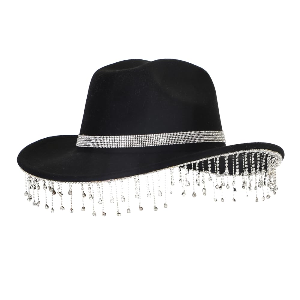 LIDHAY Rhinestone Cowgirl Hat Western Cowboy Hat Bling Diamond Fringe ...