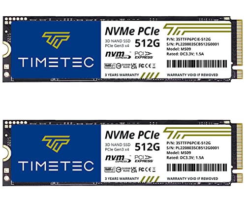Timetec 2x512GB SSD de NVMe PCIe Gen3x4 8Gb/s M.2 2280 3D NAND TLC 150TBW Alto Rendimiento SLC Cache Velocidad de Lectura/Escritura hasta 2.100/1.600 MB/s Unidad Interna de Estado sólido PC Escritorio