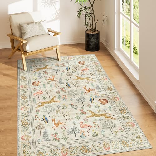 Image of DUKINO 4x6 Rug, Washable Animal Area Rug with Non Slip Vintage Design, Indoor Soft Low Pile Carpet for Bedroom, Nursery, Dining Room, Farmhouse, Playroom, White