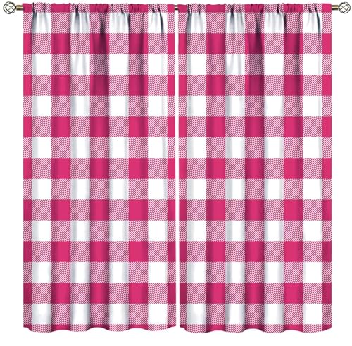 Buffalo Plaid Curtains Hot Pink and White Curtain with Rod Pocket for Farmhouse Bedroom Living Room Home Decor Drapes Thermal Insulated Window Treatments 2 Panels Set 55