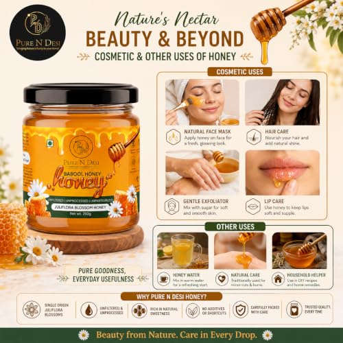 Image of PURE N DESI Juliflora Honey Raw Unprocessed Natural Honey 250g | Raw Juliflora (Babool /Kikar) Honey • Unprocessed • No Added Sugar • Rich Floral Taste • 250g Glass Jar